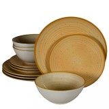 Set farfurii 12 piese, 4 persoane, Sundown, Alb Ivoire lucios, galben