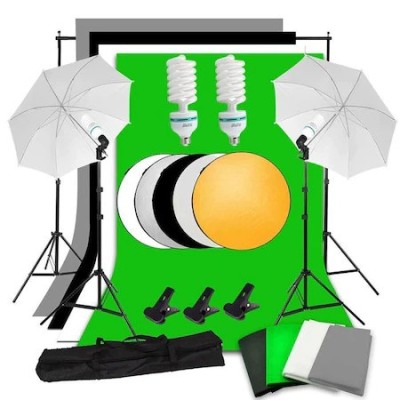 Kit studio foto,2 umbrele,suport fundal 2x2 m,4 panze fundal,becuri 135W,reflector 5in1 + geanta transport foto