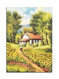 Cumpara ieftin Tablou peisaj cu floarea soarelui si casa taraneasca pictat manual, La bunici 70x50cm ulei pe panza, gata de expus pe perete