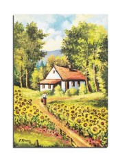 Tablou peisaj cu floarea soarelui si casa taraneasca pictat manual, La bunici 70x50cm ulei pe panza, gata de expus pe perete