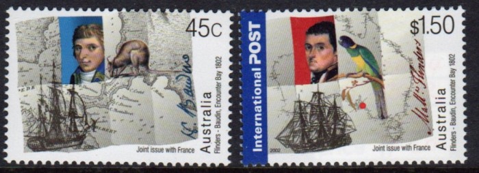 AUSTRALIA 2002 CORABII NAVIGATORI CANGURI PASARI EMISIUNE COMUNA CU FRANTA