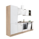 Mobilier de bucătărie Yorki 280, corp din stejar Sonoma, fațadă albă cu finisaj satinat, cu element inferior pentru cuptor și dulap cu rafturi, fără b