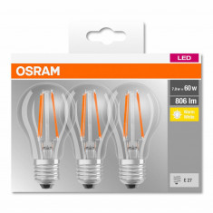 3 Becuri LED Osram Base Classic A, E27, 7W (60W), 806 lm, lumina calda (2700K),