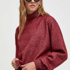 HUGO pulover de lana femei, culoarea bordo, light, cu guler