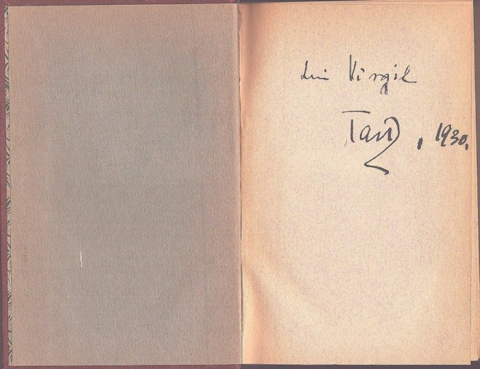 1493SPN Octavian Goga, dedicație semnată olograf către Virgil Popescu-R&acirc;mniceanu, 1930, pe cartea proprie Precursori, ediția I, 1930