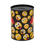 Pusculita Emoji pentru copii, forma cilindrica si imprimeu cu smiley face, Metal, Negru/Galben, 13x17 cm, Oem
