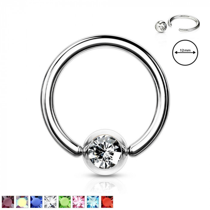 Piercing pentru spr&acirc;ncene, din oțel 316L &ndash; inel cu cristal &icirc;ntr-o lunetă rotundă, 1,6 mm, diametru 12 mm - Culoare zirconiu piercing: Roșu - R