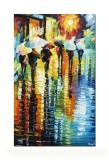 Cumpara ieftin Tablou pictat manual, Peisaj citadin, oameni cu umbrele, 80x50cm ulei pe panza in cutit efect 3D