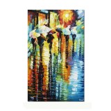 Tablou pictat manual, Peisaj citadin, oameni cu umbrele, 80x50cm ulei pe panza in cutit efect 3D