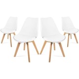Set 4 Scaune Grosseto, Stil Scandinav cu Picioare din Lemn, Sezut din PP si Perna din Piele Ecologica, Maxim 120 Kg, 49 x 45 x 82 cm, Alb