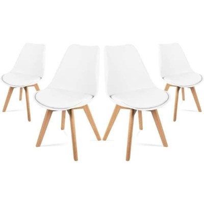 Set 4 Scaune Grosseto, Stil Scandinav cu Picioare din Lemn, Sezut din PP si Perna din Piele Ecologica, Maxim 120 Kg, 49 x 45 x 82 cm, Alb foto