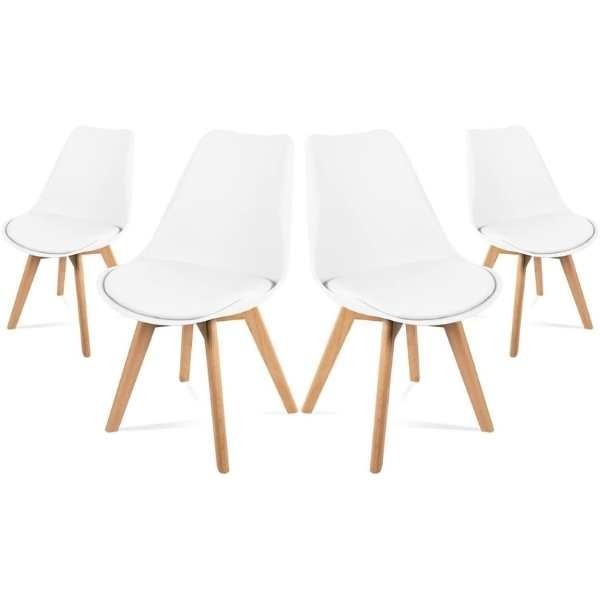 Set 4 Scaune Grosseto, Stil Scandinav cu Picioare din Lemn, Sezut din PP si Perna din Piele Ecologica, Maxim 120 Kg, 49 x 45 x 82 cm, Alb