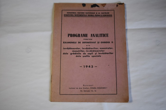 Programe analitice pentru examenele de definitivat 1943