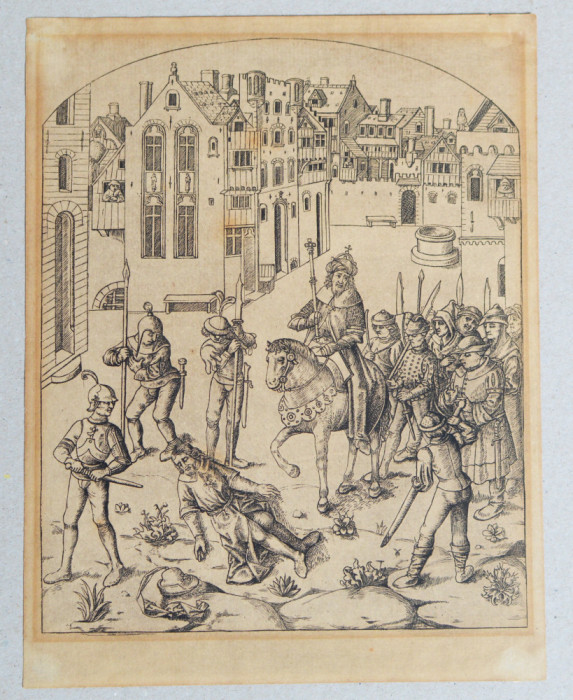 Scena medievala gravura veche pe hartie manuala