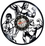 Ceas de perete decorativ realizat din disc de vinil, Model Culturism Bodybuilding, Siluete Culturisti, Negru, 30 cm