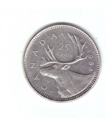 Moneda Canada 25 cents/centi 1984, stare buna, curata foto