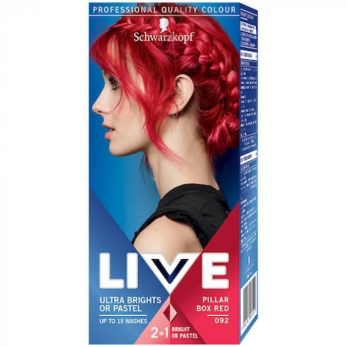 Vopsea de Par Semipermanenta LIVE Ultra Brights or Pastel, 092, Pillar Box Red, 80 ml, Vopsea de Par 2 in 1 Culori Intense sau Pastel, Vopsea de Par S