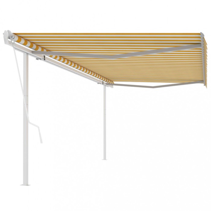 Copertină retractabilă automat, cu st&acirc;lpi, galben&amp;alb 5x3,5 m