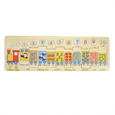 Puzzle din lemn decupat, Montessori, interactiv si educativ pentru bebelusi si copii, model trenulet, 10 piese, +12 luni, NippleBaby foto