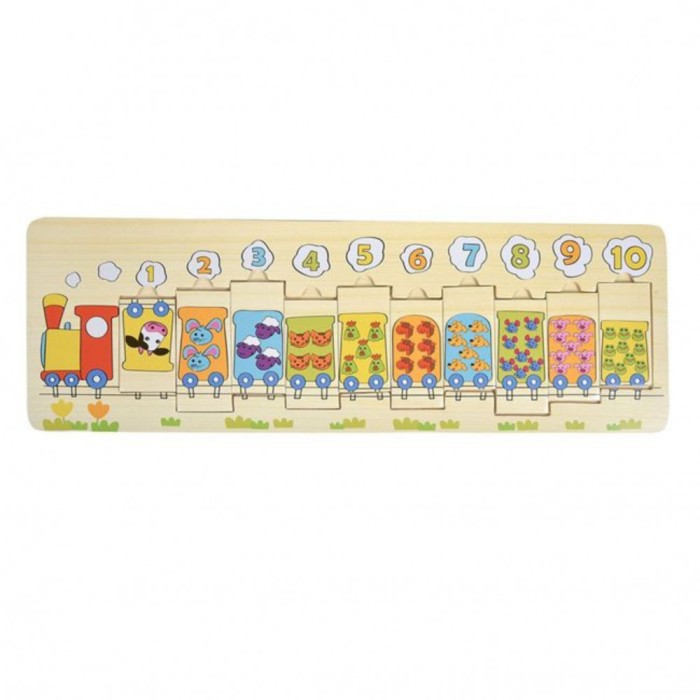 Puzzle din lemn decupat, Montessori, interactiv si educativ pentru bebelusi si copii, model trenulet, 10 piese, +12 luni, NippleBaby