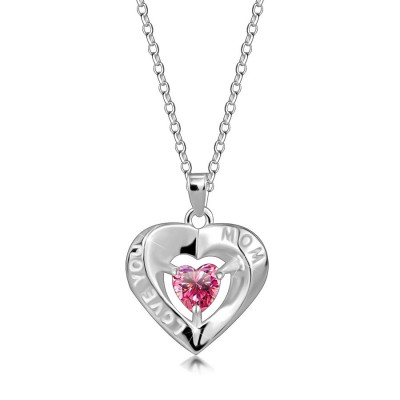 Colier din argint 925 &amp;ndash; conturul inimii, zircon inimă roz, inscripția &amp;bdquo;LOVE YOU MOM&amp;rdquo; foto