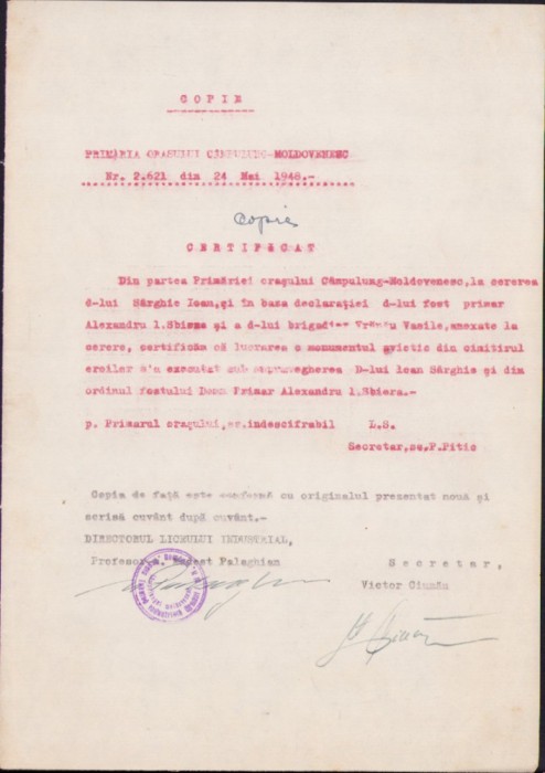 HST A2587N Copie autentificată certificat C&acirc;mpulung Moldovenesc 1948 S&acirc;rghie