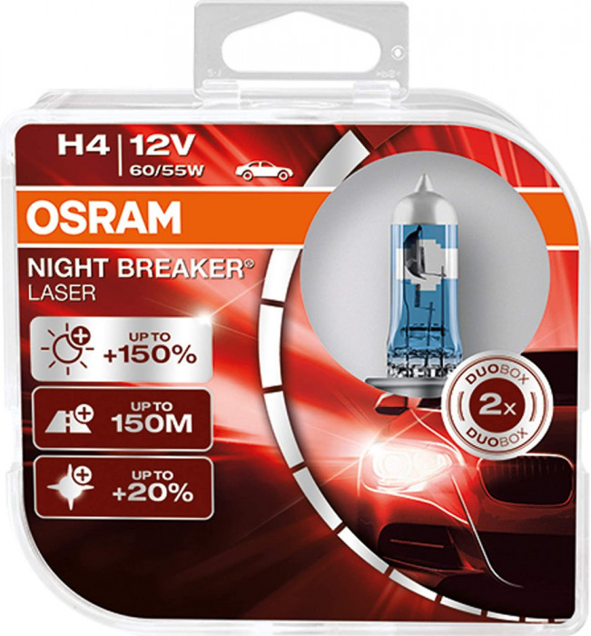 Set 2 becuri halogen H4 60 55W Osram Night Breaker Laser NextGen +150%