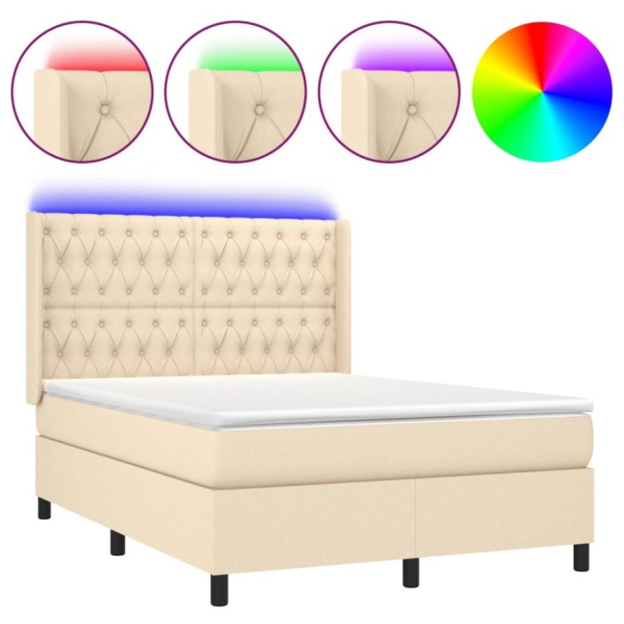 Pat cu arcuri, saltea si LED, crem, 140x190 cm, textil