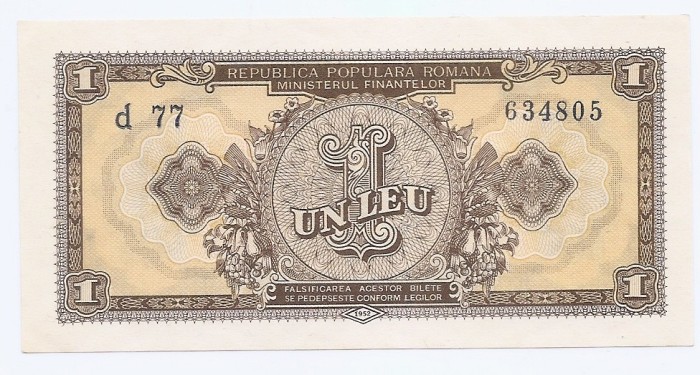 Romania 1 Leu 1952 - P-81b aUNC+ - UNC !!!