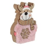 Decoratiune Craciun Cerb Blana Roz cu Fulg Glitter, Lemn si Poliester, CMCLASS