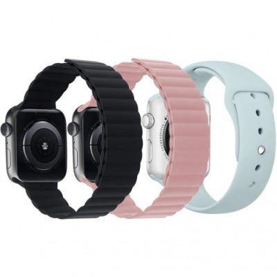 Set 3 Curele iUni compatibile cu Apple Watch 1/2/3/4/5/6/7, 44mm, Silicon, Black, Pink, Turquoise foto