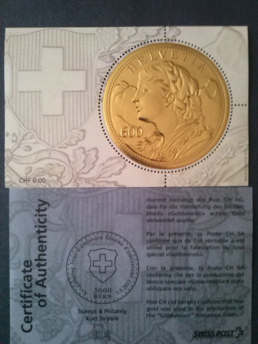 ELVETIA 2013 Bloc cu 1Timbru ce reproduce moneda de aur GOLDVRENELI Mi.Bl.53 MNH