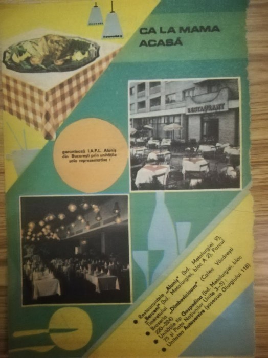 1989 Reclamă restaurant ALUNIS, BERCENI Bucuresti braseria Dambovicioara 24x15,5