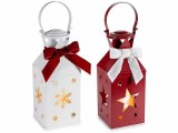 Set 2 felinare Craciun metal catifea rosu alb cu led cm10x10x32.5H