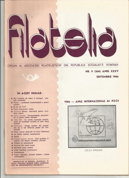Romania, revista Filatelia nr. 9/1986 (364)