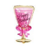 Balon din folie metalizata, flippy, figurina pahar de vin, tema aniversare, 93x48 cm, ambalaj individual, pai inclus, umflare cu aer sau heliu, roz