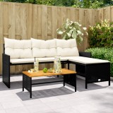 Set Canapea Gradina L vidaXL Poliratan Negru, Masa Acacia, Perne Incluse, 170x120x72.5 cm