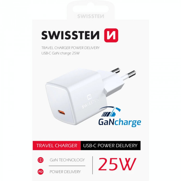 Adaptor Swissten Mini Travel Gan USB-C 25W Power delivery