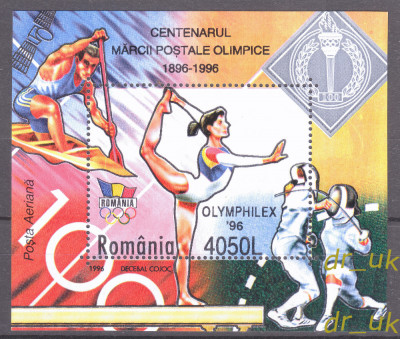 ROMANIA 1996 LP 1417 Colita Centenarul Marcii postale Olimpice OLYMPHILEX MNH foto