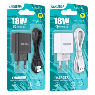 Incarcator Retea KAKUSIGA KSC - 917, QC 3.0 18W + Cablu de incarcare USB Type-C, Alb Blister foto