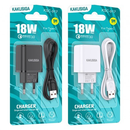 Incarcator Retea KAKUSIGA KSC - 917, QC 3.0 18W + Cablu de incarcare USB Type-C, Alb Blister
