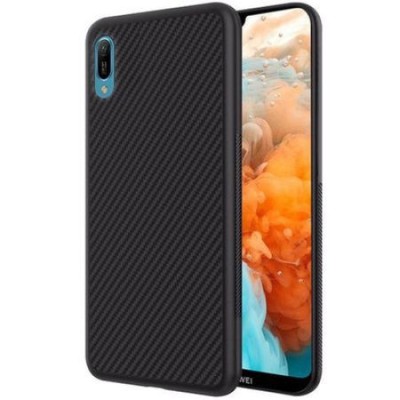 Husa pentru Huawei Y7 2019, GloMax Perfect Fit cu insertii de carbon negru foto