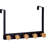 Cuier usa/perete, 5 carlige, negru, metal si bambus, 33 x 20 cm