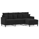 Canapea cu 3 locuri si taburet, negru, 180 cm, catifea