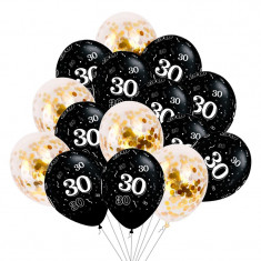 Buchet 15 baloane aniversare 30 ani din latex cu confetti Magic Black 12 inch foto