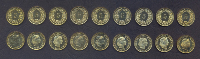 ELVETIA SET DE MONEDE 5 Rappen x9 buc 1981 1998 2000 2001 2002 2003 2004-06 UNC