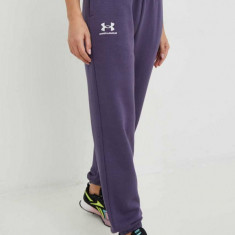 Under Armour pantaloni de trening femei, culoarea albastru marin, neted