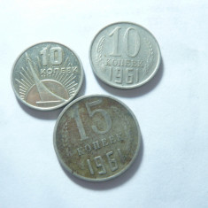 3 Monede 10 si 15 kopeici 1961 si 10 kop 1967 ,cal. buna-f.buna