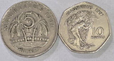 MAURITIUS Set / Lot 4 , 2 Monede : 5 Rupees 1991 + 10 Rupees 1997 foto