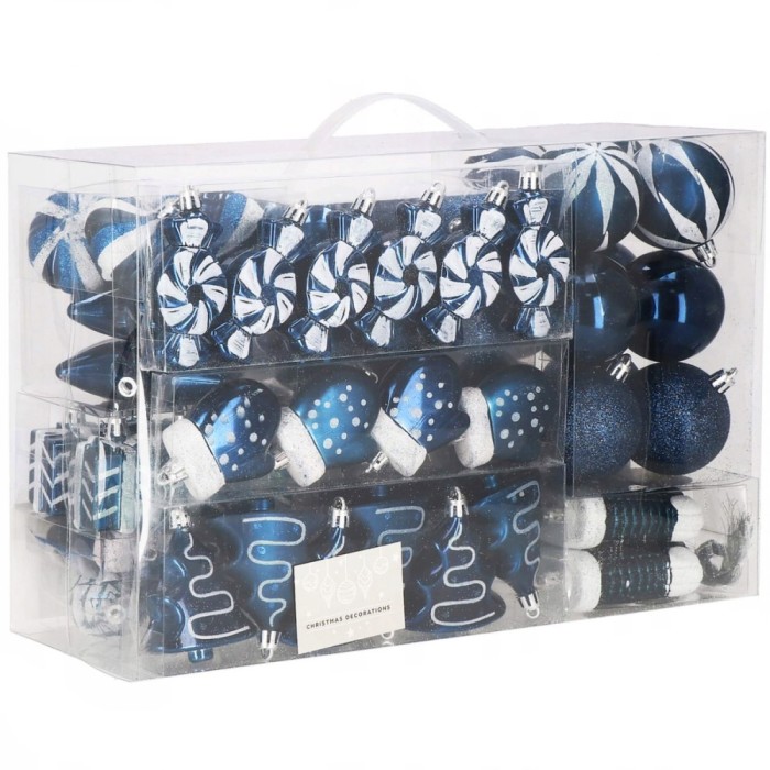 Set globuri si decoratiuni de Craciun, 77 piese, diverse dimensiuni, albastru inchis Household NewTrend